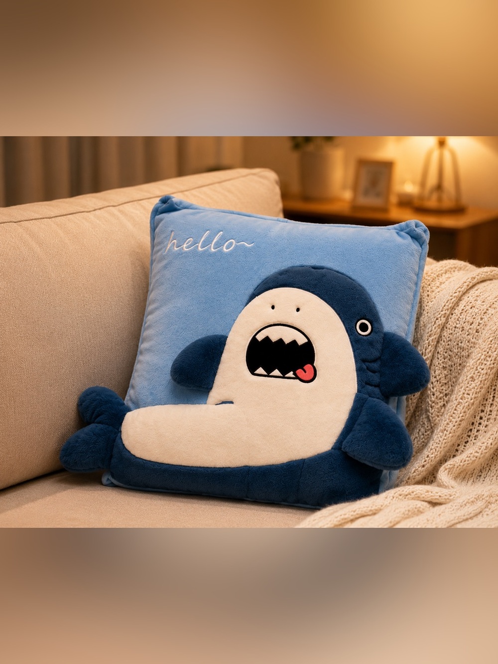 Blue Plush Shark Throw 2 in 1 Pillow blanket